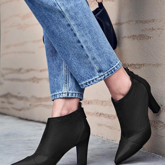 Womens Ankle Booties Faux Leather Suede Pointed Toe High Heel Zipper Shoes - Picture 3 of 6